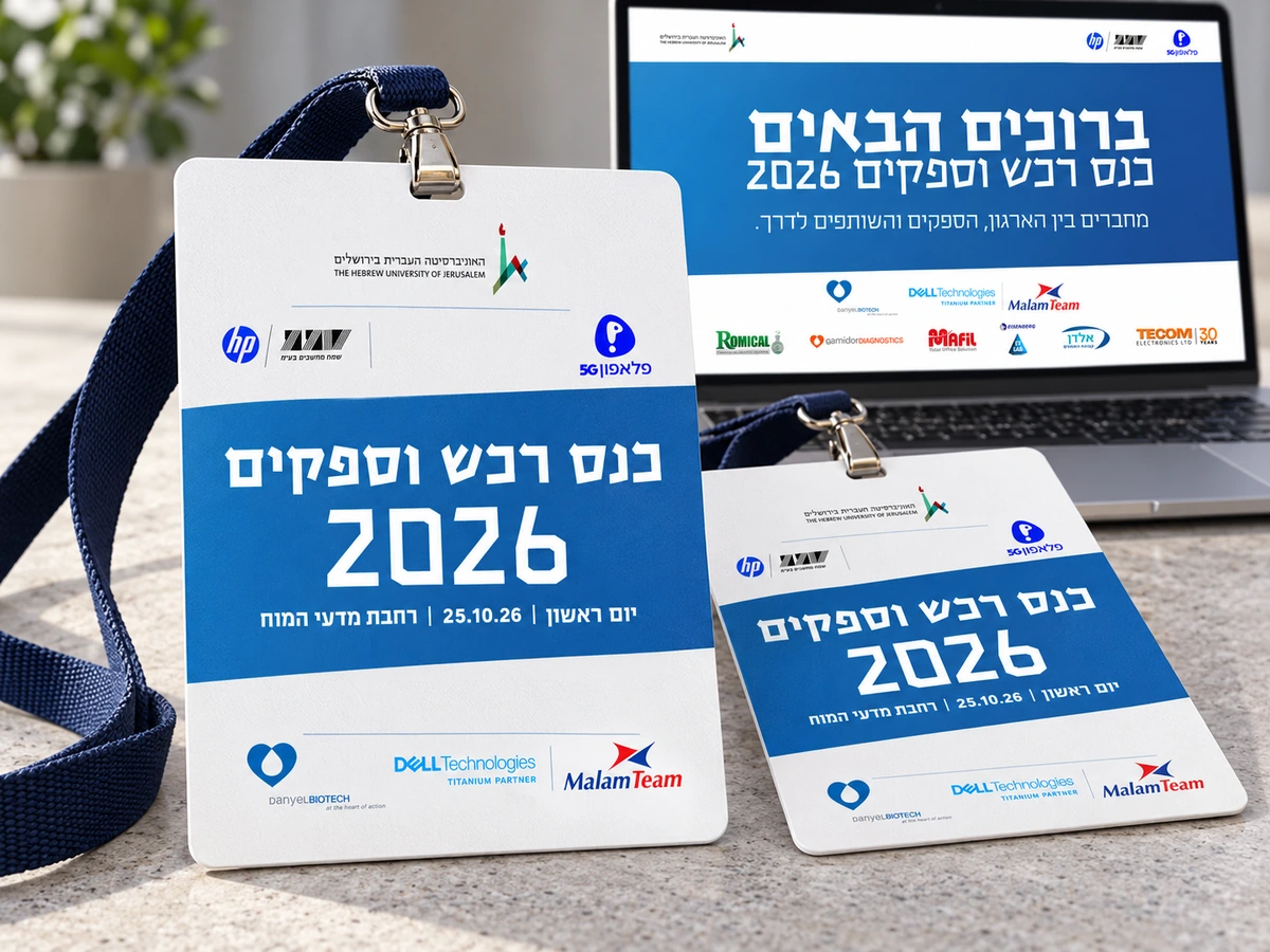 כנס רכש וספקים · תג משתתף ומסך פתיחה בהדמיית ערכת כנס