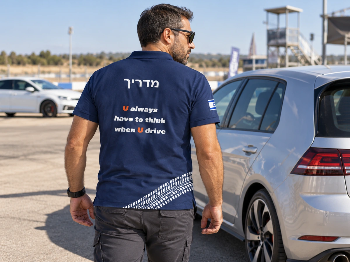 UDrive · החולצה הכחולה בהדמיית מדריך במסלול